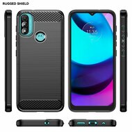 Motorola Moto E20 / E30 / E40 Hoesje, MobyDefend TPU Gelcase, Geborsteld Metaal + Carbonlook, Zwart