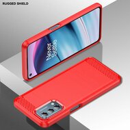 Motorola Moto E20 / E30 / E40 Hoesje, MobyDefend TPU Gelcase, Geborsteld Metaal + Carbonlook, Rood