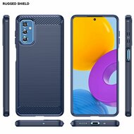 Samsung Galaxy M52 Hoesje, MobyDefend TPU Gelcase, Geborsteld Metaal + Carbonlook, Navy Blauw