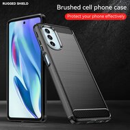 Motorola Moto G51 Hoesje, MobyDefend TPU Gelcase, Geborsteld Metaal + Carbonlook, Zwart