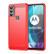 Motorola Moto G71 Hoesje, MobyDefend TPU Gelcase, Geborsteld Metaal + Carbonlook, Rood