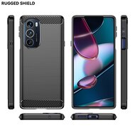 Motorola Edge 30 Pro Hoesje - MobyDefend TPU Backcover - Geborstelde Metaal &amp; Carbon-Look - Navy Blauw