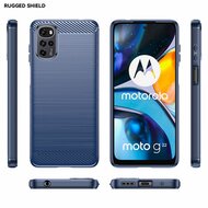 Motorola Moto G22 Hoesje, MobyDefend TPU Gelcase, Geborsteld Metaal + Carbonlook, Navy Blauw