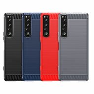 Sony Xperia 1 IV Hoesje, MobyDefend TPU Gelcase, Geborsteld Metaal + Carbonlook, Rood