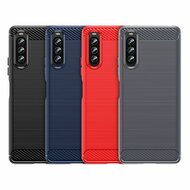 Sony Xperia 10 IV Hoesje, MobyDefend TPU Gelcase, Geborsteld Metaal + Carbonlook, Zwart