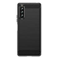 Sony Xperia 10 IV Hoesje, MobyDefend TPU Gelcase, Geborsteld Metaal + Carbonlook, Zwart