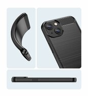iPhone 14 Hoesje, MobyDefend TPU Gelcase, Geborsteld Metaal + Carbonlook, Zwart