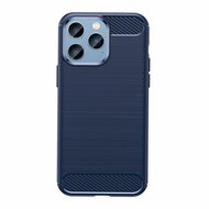 iPhone 14 Pro Hoesje, MobyDefend TPU Gelcase, Geborsteld Metaal + Carbonlook, Navy Blauw