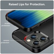 iPhone 14 Pro Hoesje, MobyDefend TPU Gelcase, Geborsteld Metaal + Carbonlook, Rood
