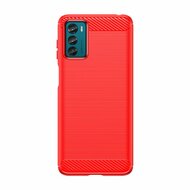 Motorola Moto G42 Hoesje, MobyDefend TPU Gelcase, Geborsteld Metaal + Carbonlook, Rood