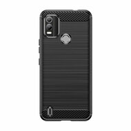 Nokia C21 Plus Hoesje - MobyDefend TPU Backcover - Geborstelde Metaal &amp; Carbon-Look - Zwart