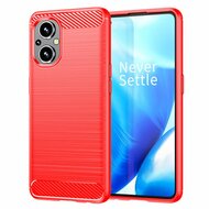 Oppo Reno 8 Lite Hoesje, MobyDefend TPU Gelcase, Geborsteld Metaal + Carbonlook, Rood