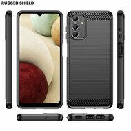 Samsung Galaxy A04s Hoesje, MobyDefend TPU Gelcase, Geborsteld Metaal + Carbonlook, Zwart