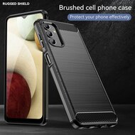 Samsung Galaxy A04s Hoesje, MobyDefend TPU Gelcase, Geborsteld Metaal + Carbonlook, Zwart