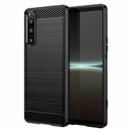 Sony Xperia 5 IV Hoesje, MobyDefend TPU Gelcase, Geborsteld Metaal + Carbonlook, Zwart