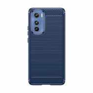 Motorola Moto E22 / E22i Hoesje, MobyDefend TPU Gelcase, Geborsteld Metaal + Carbonlook, Blauw