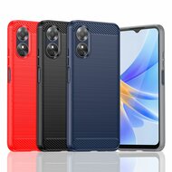 Oppo A17 Hoesje, MobyDefend TPU Gelcase, Geborsteld Metaal + Carbonlook, Blauw