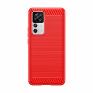 Xiaomi 12T / 12T Pro Hoesje, MobyDefend TPU Gelcase, Geborsteld Metaal + Carbonlook, Rood