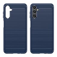 Samsung Galaxy A14 Hoesje - MobyDefend TPU Backcover - Geborstelde Metaal &amp; Carbon-Look - Blauw