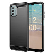 Nokia G22 Hoesje, MobyDefend TPU Gelcase, Geborsteld Metaal + Carbonlook, Zwart