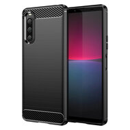 Sony Xperia 10 V Hoesje, MobyDefend TPU Gelcase, Geborsteld Metaal + Carbonlook, Zwart