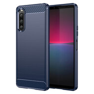 Sony Xperia 10 V Hoesje, MobyDefend TPU Gelcase, Geborsteld Metaal + Carbonlook, Blauw