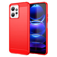 Xiaomi Redmi Note 12 4G Hoesje, MobyDefend TPU Gelcase, Geborsteld Metaal + Carbonlook, Rood