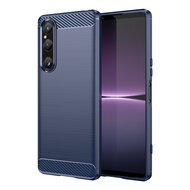 Sony Xperia 1 V Hoesje, MobyDefend TPU Gelcase, Geborsteld Metaal + Carbonlook, Blauw