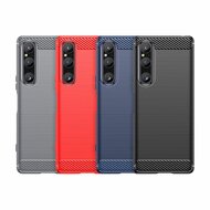 Sony Xperia 1 V Hoesje, MobyDefend TPU Gelcase, Geborsteld Metaal + Carbonlook, Rood