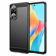 Oppo A98 Hoesje, MobyDefend TPU Gelcase, Geborsteld Metaal + Carbonlook, Zwart