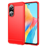 Oppo A98 Hoesje, MobyDefend TPU Gelcase, Geborsteld Metaal + Carbonlook, Rood