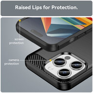 iPhone 15 Pro Hoesje, MobyDefend TPU Gelcase, Geborsteld Metaal + Carbonlook, Zwart