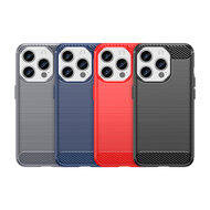 iPhone 15 Pro Hoesje, MobyDefend TPU Gelcase, Geborsteld Metaal + Carbonlook, Blauw