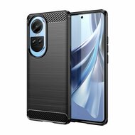 Oppo Reno10 Pro Hoesje, MobyDefend TPU Gelcase, Geborsteld Metaal + Carbonlook, Zwart