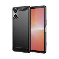 Sony Xperia 5 V Hoesje, MobyDefend TPU Gelcase, Geborsteld Metaal + Carbonlook, Zwart