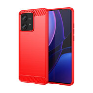 Motorola Edge 40 Neo Hoesje, MobyDefend TPU Gelcase, Geborsteld Metaal + Carbonlook, Rood