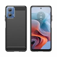 Motorola Moto G34 Hoesje, MobyDefend TPU Gelcase, Geborsteld Metaal + Carbonlook, Zwart