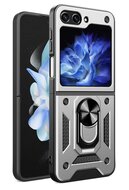 Samsung Galaxy Z Flip 6 Hoesje - MobyDefend Pantsercase Met Draaibare Ring - Zilvergrijs