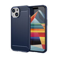 iPhone 15 Hoesje - MobyDefend TPU Backcover - Geborstelde Metaal &amp; Carbon-Look - Blauw