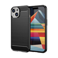 iPhone 15 Hoesje - MobyDefend TPU Backcover - Geborstelde Metaal &amp; Carbon-Look - Zwart