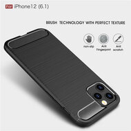 iPhone 12 / 12 Pro Hoesje - MobyDefend TPU Backcover - Geborstelde Metaal &amp; Carbon-Look - Zwart