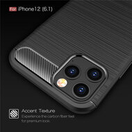 iPhone 12 / 12 Pro Hoesje - MobyDefend TPU Backcover - Geborstelde Metaal &amp; Carbon-Look - Zwart