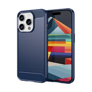 iPhone 15 Pro Hoesje - MobyDefend TPU Backcover - Geborstelde Metaal &amp; Carbon-Look - Blauw