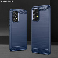 Samsung Galaxy A53 Hoesje - MobyDefend TPU Backcover - Geborstelde Metaal &amp; Carbon-Look - Navy Blauw