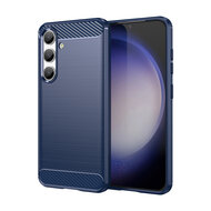 Samsung Galaxy S24 Hoesje - MobyDefend TPU Backcover - Geborstelde Metaal &amp; Carbon-Look - Blauw
