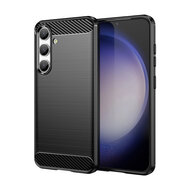 Samsung Galaxy S24 Hoesje - MobyDefend TPU Backcover - Geborstelde Metaal &amp; Carbon-Look - Zwart