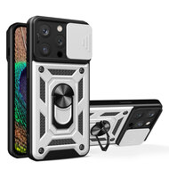 iPhone 15 Pro Max Hoesje - MobyDefend Pantsercase Met Draaibare Ring - Zilvergrijs