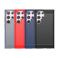 Samsung Galaxy S24 Ultra Hoesje - MobyDefend TPU Backcover - Geborstelde Metaal &amp; Carbon-Look - Blauw