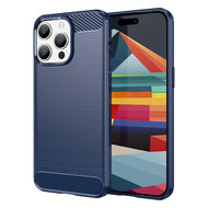 iPhone 15 Pro Max Hoesje - MobyDefend TPU Backcover - Geborstelde Metaal &amp; Carbon-Look - Blauw