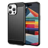 iPhone 15 Pro Max Hoesje - MobyDefend TPU Backcover - Geborstelde Metaal &amp; Carbon-Look - Zwart